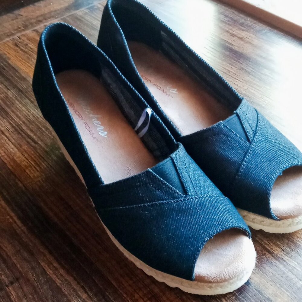 Cute Skechers Cali Denim Wedge Espadrille Memory Foam Women's Peep-toe Shoes